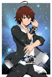  1boy ahoge amagase_touma belt brown_eyes brown_hair commentary_request idolmaster idolmaster_(classic) idolmaster_2 kamen_rider kamen_rider_fourze_(series) kamen_rider_meteor kidachi male_focus photoshop_(medium) solo 