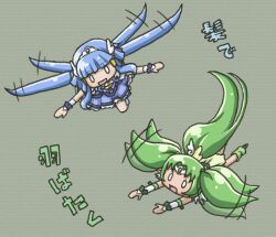  2girls aoki_reika bad_id bad_pixiv_id blue_hair c-chrone chibi cure_beauty cure_march flying green_hair magical_girl midorikawa_nao multiple_girls precure simple_background smile_precure translated 