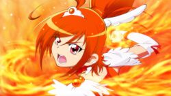  ahoge bad_id bad_pixiv_id choker clenched_hand cure_sunny eyelashes female fire hair_bun hino_akane_(smile_precure!) open_mouth orange_hair orange_theme precure red_eyes single_hair_bun smile_precure solo tiara yuuya_(yu-ya&#039;s) 