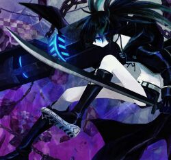  arm_cannon black_hair black_rock_shooter black_rock_shooter_(character) black_shorts blue_eyes boots chains coat commentary female long_hair midriff natsuiro_xx photoshop_(medium) shorts solo sword symbol-only_commentary twintails weapon 