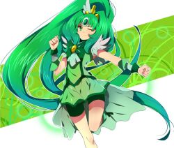  akishima_kei bad_id bad_pixiv_id big_hair bike_shorts bike_shorts_under_skirt cure_march female green_eyes green_hair green_skirt green_theme long_hair magical_girl midorikawa_nao one_eye_closed ponytail precure skirt smile_precure solo very_long_hair 