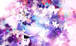  arm_ribbon bad_id bad_pixiv_id blue_dress bug butterfly dress female hair_over_one_eye hand_fan hat kazu_(muchuukai) long_sleeves open_mouth pink_eyes pink_hair ribbon saigyouji_yuyuko sash short_hair solo touhou wide_sleeves 