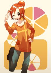  bad_id bad_pixiv_id bullfalk casual female hair_bun hino_akane_(smile_precure!) one_eye_closed orange_background orange_shirt pants ponytail precure red_eyes red_hair shirt single_hair_bun smile_precure solo tiara 