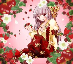  arm_support blush bow cherry commentary_request eating female flower food food-themed_clothes fruit fujiwara_no_mokou grey_hair hairbow komaku_juushoku long_hair open_clothes open_shirt pink_background raspberry red_eyes ribbon shirt sitting solo strawberry strawberry_blossoms suspenders touhou very_long_hair 