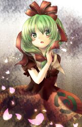  bad_id bad_pixiv_id bow breasts dress female frills front_ponytail green_eyes green_hair hair_ribbon hairbow highres kagiyama_hina komikko_(alice) long_hair medium_breasts open_mouth petals red_dress ribbon smile solo touhou 