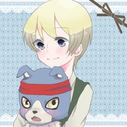  1boy animal_ears blonde_hair blue_eyes blush commentary_request creature digimon digimon_(creature) digimon_savers dog_ears fangs fur gaomon headband holding holding_digimon male_focus ribbon sakiccho_(glasslovers) smile touma_h._norstein yellow_eyes 