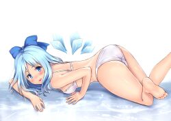  aged_up alternate_hair_length alternate_hairstyle ass barefoot blue_bow blue_door blue_eyes blue_hair blush bow bra breasts cirno commentary_request embarrassed feet female hairbow hands licking_lips lingerie medium_breasts open_mouth panties photoshop_(medium) smile solo strap_gap teenage tongue tongue_out touhou underwear underwear_only white_bra white_panties wings 