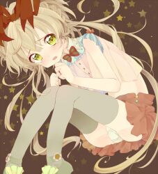  1boy bad_id bad_pixiv_id blonde_hair blush crossdressing green_eyes jewelry long_hair male_focus open_mouth original otoko_no_ko ribbon ring solo star_(symbol) tears thighhighs touyama_soboro 