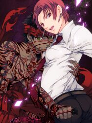  1boy angra_mainyu_(fate) bazett_fraga_mcremitz black_hair breasts commentary_request dagger dark-skinned_male dark_skin earrings fate/hollow_ataraxia fate_(series) female full-body_tattoo headband inverted_moon_of_the_heavens jewelry knife necktie nishi_juuji red_eyes red_hair short_hair small_breasts tattoo tawrich_&amp;_zarich topless_male twisted_torso weapon yellow_eyes 