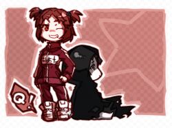  2girls black_eyes black_rock_shooter brown_eyes brown_hair cape chibi commentary_request dual_persona grin hood jacket kohata_arata looking_at_viewer multiple_girls oyu_udon photoshop_(medium) shoes short_hair short_twintails sitting smile spoilers track_jacket twintails 