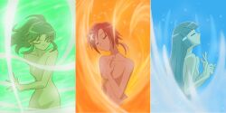  3girls aoki_reika blue_hair closed_eyes color_connection commentary_request completely_nude green_hair hino_akane_(smile_precure!) long_hair magic_knight_rayearth midorikawa_nao moritakusan multiple_girls no_mouth nude parody power_connection precure red_hair short_hair smile_precure 