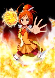  bad_id bad_pixiv_id bike_shorts bike_shorts_under_skirt black_background bow bowtie cure_sunny female fire hair_bun hino_akane_(smile_precure!) magical_girl naruru_(akanex829) no_choker orange_eyes orange_hair orange_skirt orange_theme outstretched_hand precure red_shorts serious short_hair shorts single_hair_bun skirt smile_precure solo thighhighs white_thighhighs 