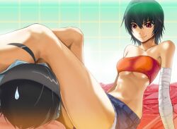  1boy ahoge araragi_koyomi bandages bandeau bare_shoulders black_hair breasts commentary_request denim denim_shorts female headlock junshi_(junbox) kanbaru_suruga legs medium_breasts midriff monogatari_(series) nisemonogatari red_eyes short_hair short_shorts shorts strapless sweatdrop underboob 