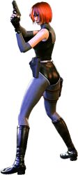  3d bag bare_shoulders bodysuit boots breasts capcom detached_sleeves dino_crisis elbow_gloves female female fingerless_gloves gloves gun handgun holster leotard official_art pistol red_eyes red_hair regina satchel semiautomatic short_hair simple_background skin_tight solo spandex thigh_strap weapon 