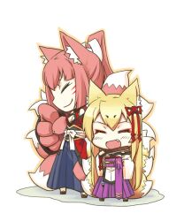  2girls :d animal_ear_fluff animal_ears artist_request blonde_hair chibi closed_eyes fox_ears fox_tail mon-musu_quest! monster_girl multiple_girls multiple_tails oerba_yun_fang open_mouth photoshop_(medium) pink_hair simple_background smile source_request tail tamamo_(mon-musu_quest!) yao_(mon-musu_quest!) 