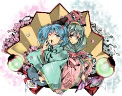  2girls alternate_costume blue_hair bonbori_(lighting) bow commentary_request folding_fan folding_screen front_ponytail green_eyes green_hair hair_bobbles hair_ornament hairbow hand_fan hat hishimochi japanese_clothes kagiyama_hina kawashiro_nitori kimono lantern long_hair multiple_girls nmknf_(mkn) oekaki one_eye_closed open_mouth red_eyes smile tears touhou two_side_up wrench yawning 