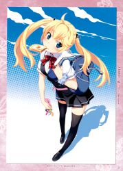  absurdres bag black_thighhighs blonde_hair blue_eyes blush border bread bread_slice cellphone cellphone_charm cellphone_strap charm_(object) female food food_in_mouth foreshortening grisaia_(series) grisaia_no_kajitsu highres loafers long_hair matsushima_michiru mouth_hold phone school_uniform scrunchie shoes shoulder_bag solo thighhighs toast toast_in_mouth twintails watanabe_akio zettai_ryouiki 