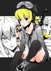  black_eyes blonde_hair character_name commentary_request doughnut female food goggles helmet kiss-shot_acerola-orion_heart-under-blade long_hair monogatari_(series) multiple_views nisemonogatari oshino_shinobu sword takashiro_(takashiro_factory) thighhighs weapon 