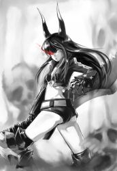  bikini bikini_top_only black_gold_saw black_rock_shooter commentary_request female flaming_eye greyscale highres horns jacket king_saw long_hair looking_back midriff monochrome sailex shorts skull solo spot_color swimsuit sword weapon 