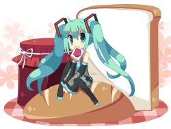  aqua_eyes aqua_hair bread commentary_request detached_sleeves female food hanahello hatsune_miku jam long_hair mouth_hold necktie sitting skirt smile solo thighhighs twintails very_long_hair vocaloid 