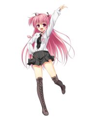  alternate_costume angel_beats! arm_up asa_no_ha_(awayuki) boots choker commentary_request cross-laced_footwear dress_shirt female hair_ornament long_hair necktie oerba_yun_fang photoshop_(medium) pink_eyes pink_hair shirt skirt smile solo thigh_boots thighhighs two_side_up yui_(angel_beats!) 