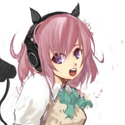  audio-technica commentary_request demon_tail female flower hair_flower hair_ornament headphones highres momo_velia_deviluke open_mouth panties_(pantsu-pirate) pink_hair purple_eyes sainan_high_school_uniform school_uniform short_hair solo tail to_love-ru to_love-ru_darkness upper_body 