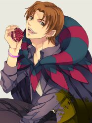  1boy brown_hair commentary_request cosplay curtained_hair earrings fate/zero fate_(series) food fruit gilles_de_rais_(caster)_(fate) gilles_de_rais_(caster)_(fate)_(cosplay) jacket jewelry male_focus nishi_juuji pomegranate purple_jacket solo uryuu_ryuunosuke 