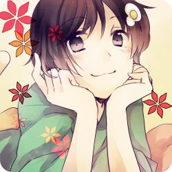  araragi_tsukihi black_eyes black_hair commentary_request egg_hair_ornament female food-themed_hair_ornament green_kimono hair_ornament highres japanese_clothes kimono monogatari_(series) nisemonogatari sachikan short_hair smile solo 