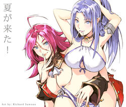  2girls adjusting_hair ahoge alternate_breast_size armlet artist_name bikini blue_eyes blue_hair breasts choker cleavage commentary english_commentary fate/extra fate/grand_order fate/stay_night fate_(series) francis_drake_(fate) hair_in_own_mouth huge_breasts leaning_forward long_hair medea_(fate) multiple_girls photoshop_(medium) pixiv_fate/grand_order_contest_2 pointy_ears purple_hair richard_suwono scar scar_on_face swimsuit translated very_long_hair white_background white_bikini 