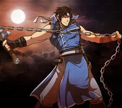  1boy absurdres bare_arms bare_shoulders black_gloves blue_eyes castlevania_(series) chain_whip closed_mouth cloud commentary cowboy_shot cross english_commentary fingerless_gloves full_moon gloves hairband highres holding holding_weapon ishmi looking_at_viewer male_focus moon muscular muscular_male night outdoors outstretched_arms pants richter_belmont short_hair smile solo standing torn_clothes torn_sleeves v-shaped_eyebrows weapon whip white_hairband white_pants 