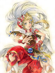  1boy armor blonde_hair blue_eyes cape commentary_request dissidia_final_fantasy final_fantasy final_fantasy_iii hair_ornament hand_on_own_hip helmet issun_boushi_(ilmtkimoti) leg_up long_hair looking_at_viewer male_focus onion_knight outstretched_hand pants plume ponytail red_pants red_shirt sheath sheathed shirt shoulder_armor simple_background sleeveless sleeveless_shirt solo tongue tongue_out traditional_media watercolor_pencil_(medium) white_background wrist_cuffs 