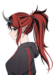  absurdres alternate_costume alternate_hairstyle black_hair black_hoodie blue_eyes breasts commentary demon_girl demon_horns ear_piercing english_commentary expressionless female from_side high_ponytail highres hood hoodie horns large_breasts long_hair looking_at_viewer looking_to_the_side multicolored_hair nanashi_inc. parted_lips pendramon piercing pointy_ears ponytail profile red_hair ryugasaki_rene simple_background solo sugar_lyric two-tone_hair upper_body virtual_youtuber white_background 