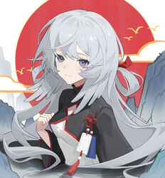  absurdres arknights bird blue_eyes breasts cleavage_cutout clothing_cutout cloud feather_hair female grey_hair hand_up highres long_hair long_sleeves looking_at_viewer mountain mulberry_(arknights) mulberry_(plant_crude_drug)_(arknights) official_alternate_costume pingdiguo shirt shrug_(clothing) small_breasts smile solo split_mouth tassel upper_body white_background white_shirt wide_sleeves 