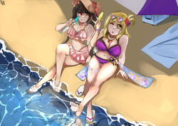  2girls azur_lane beach bikini braid breasts cleavage commission crossover crown_braid eyewear_on_head food from_above heart heart-shaped_eyewear highres losslessarts love_live! love_live!_sunshine!! multiple_girls official_alternate_costume ohara_mari one_eye_closed outdoors popsicle sakawa_(azur_lane) sakawa_(icy_indulgence)_(azur_lane) single_hair_ring suzuki_aina_(voice_actor) swimsuit voice_actor_connection 