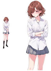  black_footwear black_socks breast_pocket breasts brown_eyes brown_hair collared_shirt commentary crossed_arms embarrassed female full_body hair_between_eyes hair_ornament hairclip highres higuchi_madoka idolmaster idolmaster_shiny_colors kneehighs knees kuudere legs light light_blush loafers looking_at_viewer making-of_available medium_breasts mole mole_under_eye partially_unbuttoned pocket pout purple_eyes school_uniform shadow shirt shoes short_hair shy simple_background skirt sleeves_rolled_up socks solo standing swept_bangs symbol-only_commentary thighs tsundere white_background white_shirt yd_(orange_maru) 