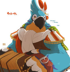  2018 anthro avian bandoneon beak bird blush breath_of_the_wild clothed clothing countershading dialogue feathers giraffe_(artist) half-length_portrait hi_res japanese_text kass_(tloz) looking_at_viewer male multicolored_body multicolored_feathers muscular muscular_male musical_instrument nintendo orange_eyes portrait rito scarf signature simple_background smile solo talking_to_viewer text the_legend_of_zelda translated white_background 