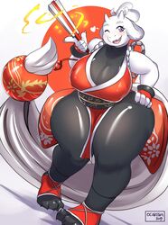  2019 5_fingers anthro big_breasts boss_monster_(undertale) bovid breasts caprine cleavage clothed clothing cosplay crossover crossover_cosplay curvy_figure fatal_fury female fingers folding_fan fur heart_symbol hi_res holding_object huge_breasts looking_at_viewer mai_shiranui mammal ocaritna one_eye_closed purple_eyes snk solo thick_thighs toriel undertale undertale_(series) voluptuous white_body white_fur wide_hips wink 