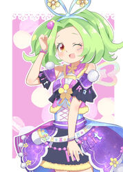  :d ;d bare_shoulders border bow clenched_hand commentary cowboy_shot detached_sleeves dress dress_flower female flower forehead fur_trim green_hair hair_flower hair_intakes hair_ornament hairband hairbow idol kiratto_pri_chan looking_at_viewer multicolored_eyes one_eye_closed open_mouth pink_background pretty_series rabbily_(kiratto_pri_chan) red_eyes short_hair smile solo star-shaped_pupils star_(symbol) star_in_eye symbol-shaped_pupils symbol_in_eye toon_(noin) white_border wristband yellow_eyes 