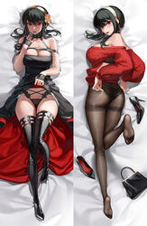  bad_id bad_pixiv_id bed_sheet black_choker black_dress black_footwear black_hair black_panties black_thighhighs boots breasts choker cleavage clothes_lift collarbone colored_shoe_interior dakimakura_(medium) dress dress_lift feet female flower from_above full_body hair_flower hair_ornament hairband high_heel_boots high_heels kyuri_tizu large_breasts leg_up lifting_own_clothes long_hair looking_at_viewer lying multiple_views off-shoulder_sweater off_shoulder on_back on_stomach open_mouth panties panties_under_pantyhose pantyhose red_eyes red_sweater rose sleeveless sleeveless_dress soles spy_x_family sweater thigh_boots thighband_pantyhose thighhighs underwear white_hairband yellow_flower yellow_rose yor_briar 