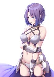  arm_grab arm_strap arm_under_breasts armor bare_shoulders bikini_armor black_gloves black_thighhighs blush braid breastplate breasts cleavage collarbone commentary_request cowboy_shot eyebrows_hidden_by_hair female french_braid gauntlets gloves groin hair_between_eyes highres jun_(princess_connect!) jun_(summer)_(princess_connect!) large_breasts midriff navel o-ring official_alternate_costume parted_bangs parted_lips pauldrons princess_connect! purple_eyes purple_hair ribucci short_hair shoulder_armor sidelocks simple_background skindentation solo standing thighhighs waist_cape white_background 