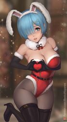  alternate_costume animal_ears black_gloves blue_eyes blue_hair breasts christmas cleavage covered_nipples detached_collar elbow_gloves fake_animal_ears female fur-trimmed_gloves fur-trimmed_leotard fur_collar fur_trim gloves heart-shaped_boob_challenge high_heels large_breasts looking_at_viewer meekohopanes pantyhose patreon_logo patreon_username playboy_bunny rabbit_ears re:zero_kara_hajimeru_isekai_seikatsu rem_(re:zero) santa_leotard short_hair solo thighhighs web_address 