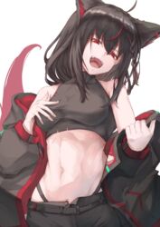  absurdres ahoge animal_ears bare_shoulders black_hair braid breasts crop_top female fox_ears fox_girl hair_between_eyes highres hololive jacket jacket_partially_removed kurokami_fubuki long_hair medium_breasts midriff multicolored_hair navel off_shoulder open_mouth red_eyes red_hair saico_isshin shirt shorts side_braid sleeveless sleeveless_shirt solo streaked_hair virtual_youtuber 