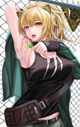  animal_ears arknights arm_up armpits bag belt black_belt black_tank_top blonde_hair breasts brz candy chain-link_fence cleavage commentary female fence food green_jacket hair_between_eyes highres holding holding_food jacket large_breasts lion_ears lollipop long_hair long_sleeves looking_at_viewer midriff_peek official_alternate_costume open_mouth presenting_armpit siege_(arknights) siege_(legacy)_(arknights) solo tank_top tongue tongue_out upper_body white_background yellow_eyes 