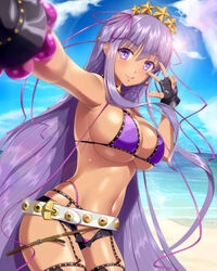  :q armpits bare_shoulders bb_(fate) bb_(swimsuit_mooncancer)_(fate) bb_(swimsuit_mooncancer)_(second_ascension)_(fate) beach bead_bracelet beads belt belt_buckle bikini black_gloves black_shorts blurry blurry_foreground bracelet breasts buckle cleavage closed_mouth cloud commentary_request cowboy_shot day depth_of_field fate/grand_order fate_(series) female fingerless_gloves garter_straps gloves hair_ornament hair_ribbon hammerman_benkei jewelry large_breasts lens_flare long_hair looking_at_viewer micro_shorts nail_polish navel ocean open_clothes open_fly open_shorts outdoors outstretched_arm purple_bikini purple_eyes purple_hair purple_nails purple_ribbon ribbon selfie shorts skindentation smile solo star_(symbol) star_hair_ornament stomach straight_hair sun swimsuit thigh_strap thong tongue tongue_out uniform v v-shaped_eyebrows very_long_hair water 