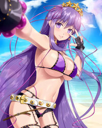  :q armpits bare_shoulders bb_(fate) bb_(swimsuit_mooncancer)_(fate) bb_(swimsuit_mooncancer)_(second_ascension)_(fate) beach bead_bracelet beads belt belt_buckle bikini black_gloves black_shorts blurry blurry_foreground bracelet breasts buckle cleavage closed_mouth cloud commentary_request cowboy_shot day depth_of_field fate/grand_order fate_(series) female fingerless_gloves garter_straps gloves hair_ornament hair_ribbon hammerman_benkei jewelry large_breasts lens_flare long_hair looking_at_viewer micro_shorts nail_polish navel ocean open_clothes open_fly open_shorts outdoors outstretched_arm purple_bikini purple_eyes purple_hair purple_nails purple_ribbon ribbon selfie shorts skindentation smile solo star_(symbol) star_hair_ornament stomach straight_hair sun swimsuit thigh_strap thong tongue tongue_out uniform v v-shaped_eyebrows very_long_hair water 