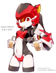  bingshan breasts bubble_tea bubble_tea_challenge english_text female highres humanoid_robot looking_down magic_henshin navel official_art red_eyes robot scarlet_sonic science_fiction second-party_source small_breasts solo you&#039;re_doing_it_wrong 