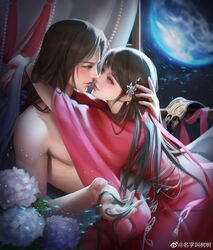  1boy absurdres arms_around_neck backlighting bed blush character_request dress face-to-face female flower hand_on_another&#039;s_head highres holding_another&#039;s_hair hug huo_linger_(wanmei_shijie) looking_at_another mingzi_jiao_shushu moon night open_hand red_dress straight topless_male wanmei_shijie window 