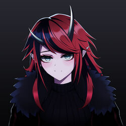  alternate_costume black_background black_coat black_hair blue_eyes blush closed_mouth coat commentary demon_girl demon_horns dutch_angle ear_piercing english_commentary female fur_coat gradient_background horns long_hair looking_at_viewer multicolored_hair nanashi_inc. pendramon piercing pointy_ears red_hair ryugasaki_rene smile solo sugar_lyric two-tone_hair virtual_youtuber 