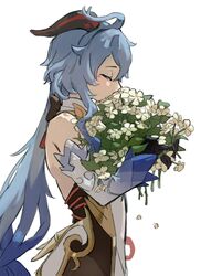  absurdres ahoge black_gloves blue_hair bodystocking bouquet closed_eyes detached_sleeves female flower ganyu_(genshin_impact) genshin_impact gloves highres holding holding_bouquet horns kurattes long_hair profile qingxin_flower simple_background smelling solo white_background 