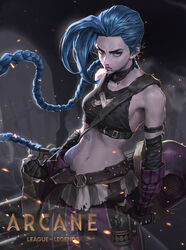  absurdres arcane:_league_of_legends arcane_jinx bare_shoulders belt belt_buckle black_tank_top blood blood_on_face blue_eyes blue_hair blue_nails braid braided_ponytail breasts brown_belt buckle clenched_hand copyright_name crop_top embers female floating_hair frown glaring gun hair_tubes heo_sung-moo heterochromia highres holding holding_gun holding_weapon jinx_(league_of_legends) league_of_legends long_hair looking_at_viewer medium_breasts midriff nail_polish navel nosebleed pants pink_eyes serious single_braid skirt solo stomach_tattoo tank_top tattoo very_long_hair watermark weapon 